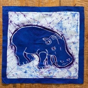 African Batik Hippo Hand Dyed Fabric Panel by Artist Theodore Asshola